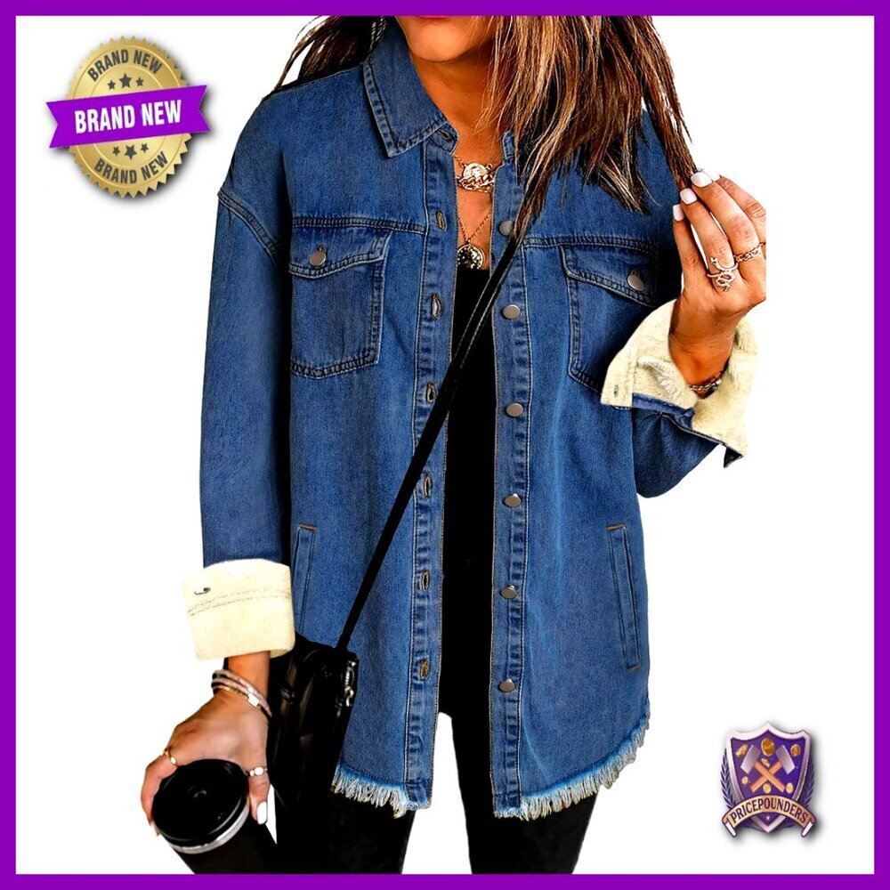 Oversized Fleece Lined Denim Jacket Women Winter Long Sleeves Side Pockets